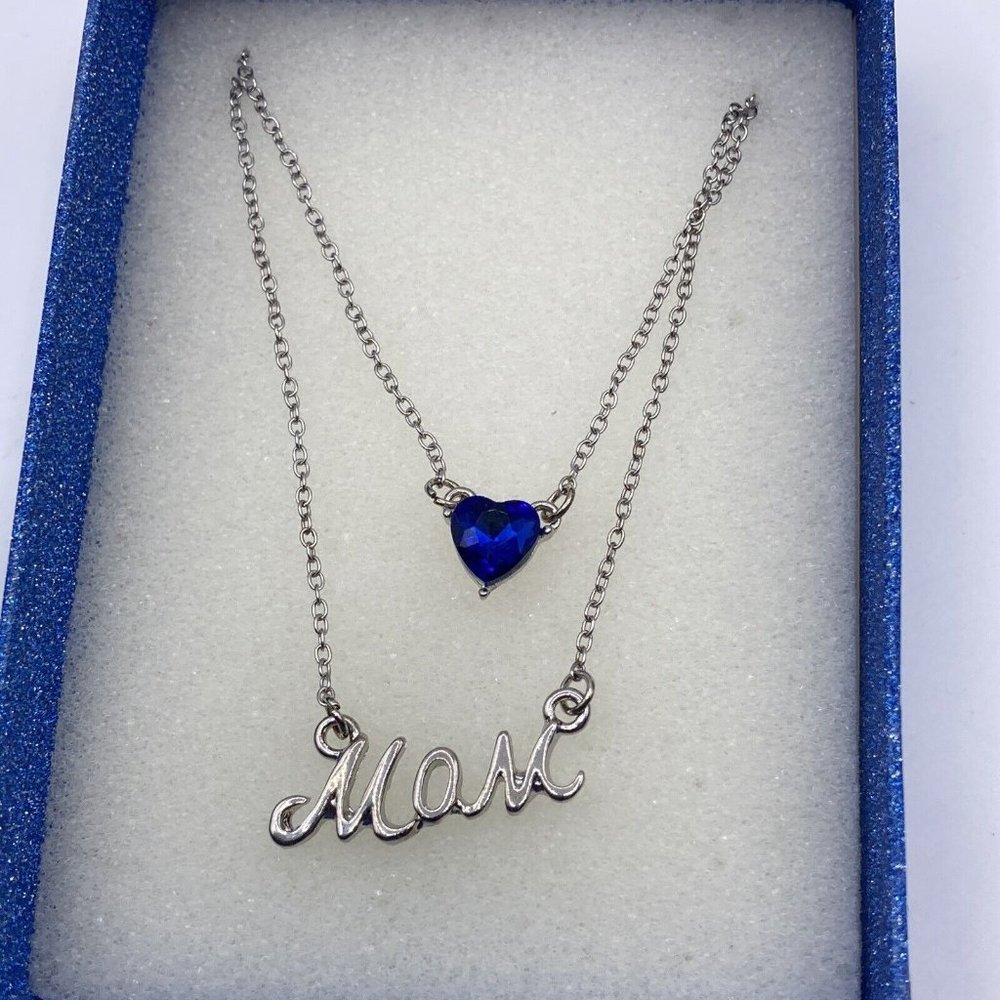 MOM Mother Blue Stone Silver Tone 2 Strand‎ Heart  Necklace